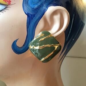Vintage Retro 1980s green and gold abstract square statement earrings